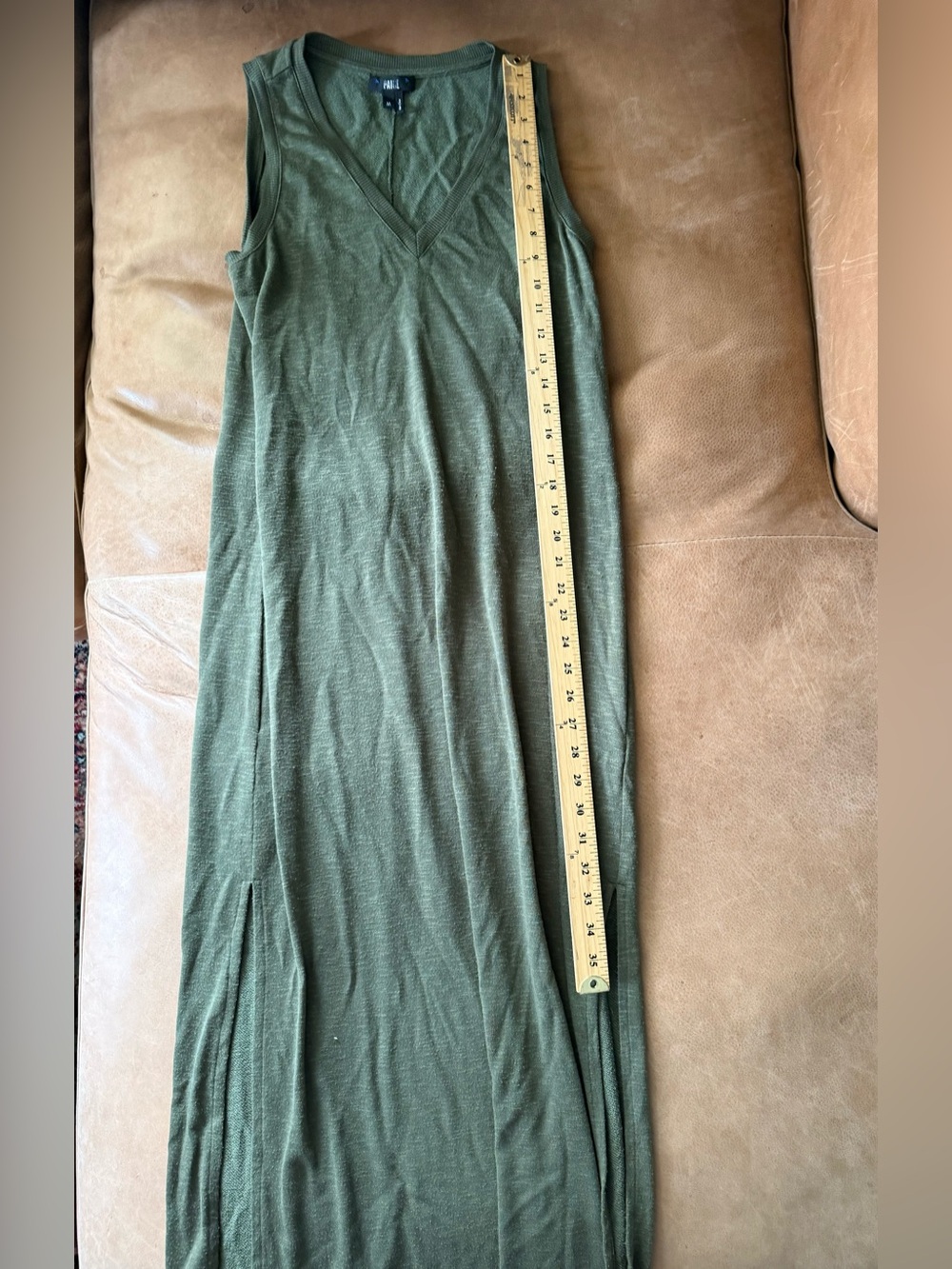 PAIGE Sage Midi Tank Dress M Olive Green V Neck Sleeveless Side Slit Maxi - Picture 2 of 7
